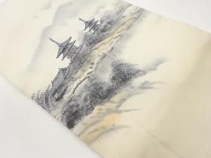 作家物　塩瀬手描き寺院風景模様名古屋帯